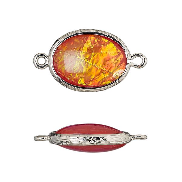 Link, Opalized Ice™, "opal" (resin) and imitation rhodium-finished brass, opaque orange, 20x15mm double-sided oval. Sold per pkg of 4. image number 0
