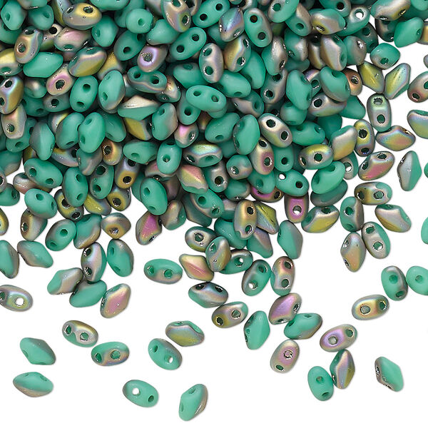 Bead, Preciosa Mini Twin™, Mini Pressed Twin, Czech pressed glass, opaque matte turquoise green vitrail, 4x2.5mm oval with (2) 0.7mm holes. Sold per 10-gram pkg. image number 0