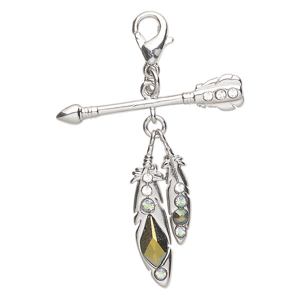 Charm, brass, pkg/1, 29x28mm arrow with feather and lobster claw clasp, silver finish and multicolored. image number 0