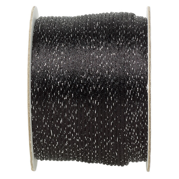 Cord, Satinique™, satin, black and metallic silver, 2mm. Sold per 432-foot spool. image number 0