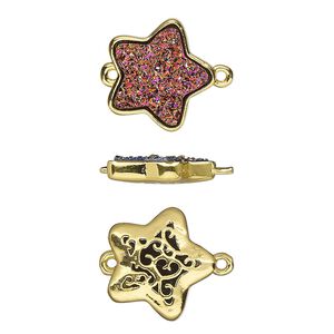 Link, Druzylite™, "druzy" (resin) and gold-finished brass, metallic purple, 15x14mm two-sided star with open filigree back. Sold per pkg of 4.
