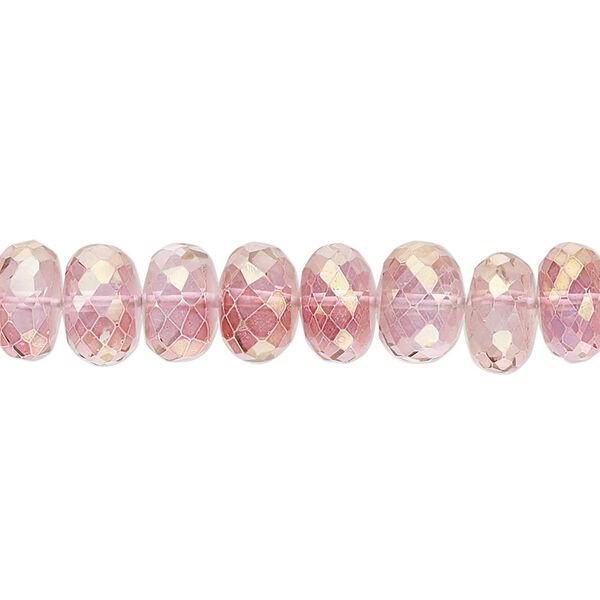 Bead, quartz crystal (coated), pink and peach, 9x4mm-9x7mm hand-cut faceted rondelle, B grade, Mohs hardness 7. Sold per 7-inch strand, approximately 35 beads. image number 0