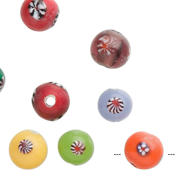 Bead mix, lampworked glass, transparent multicolored, 10mm round with swirled design and 2mm hole. Sold per pkg of 10. image number 0