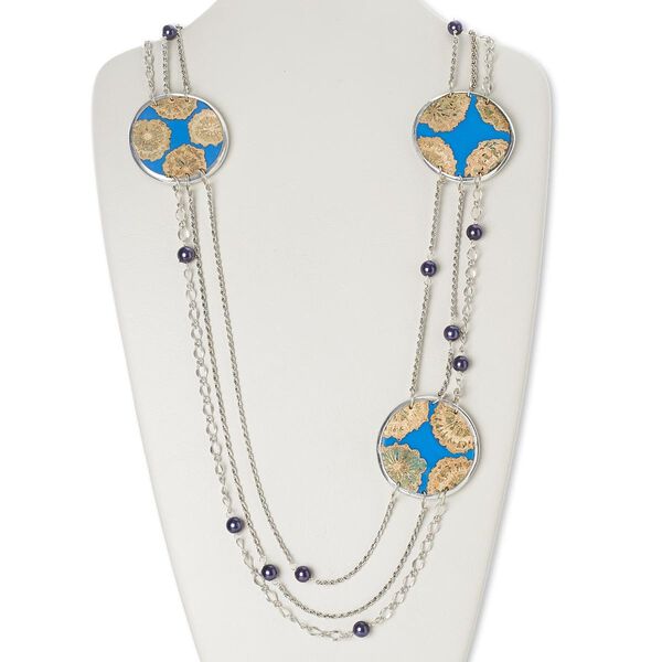 Necklace, wood (dyed) / resin / glass pearl / antiqued silver-finished aluminum / brass / steel, dark purple and turquoise blue, 49mm flat round, 33 inches with 2-inch extender chain and lobster claw clasp. Sold individually. image number 0