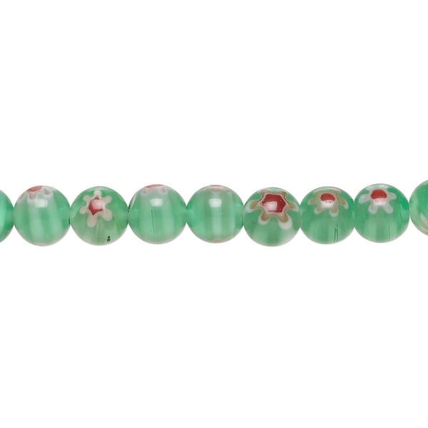 Bead, millefiori glass 1pkg1, translucent teal green / red / white, 6mm round, 15 inches. image number 0