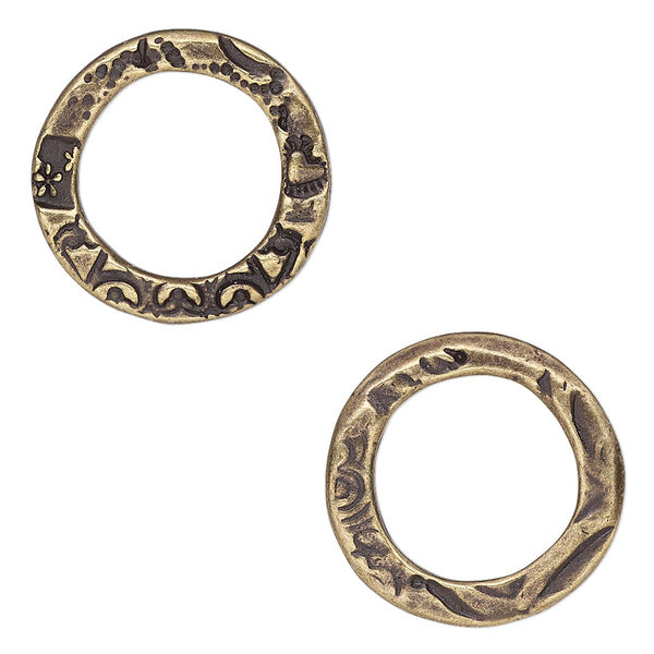 Component, TierraCast®, "Vida Mas Dulce" collection, antique brass-plated pewter (tin-based alloy), 20mm open round with flora design and 13.5mm hole. Sold per pkg of 2. image number 0