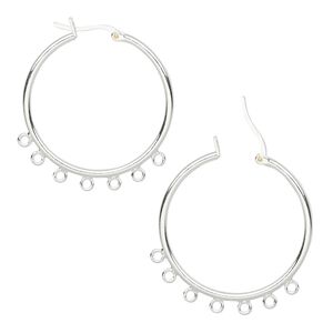 Earring hoop 1pkg10 silver-plated, 32mm round latch-back / 7 closed loop, brass 5 pair