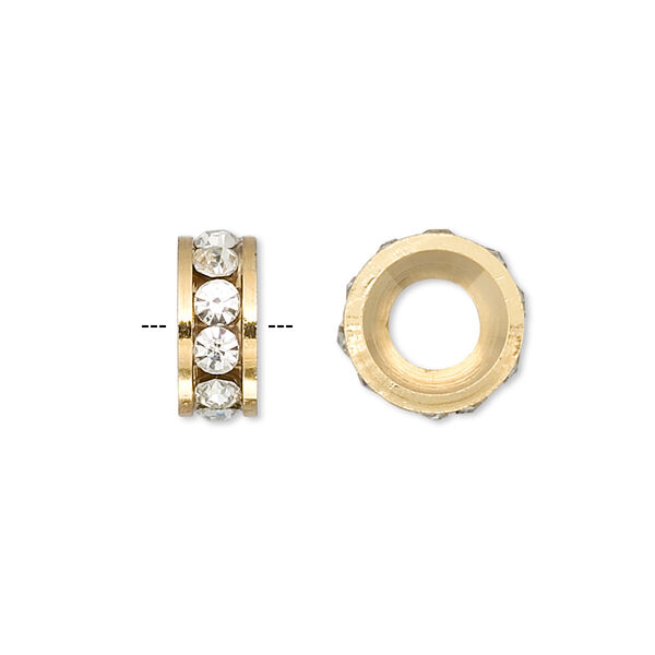 Bead, Dione®, Czech crystal and gold-finished brass, crystal clear, 12x5mm rondelle with 6mm hole. Sold per pkg of 2. image number 0