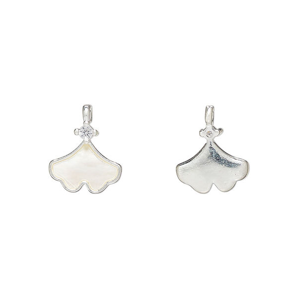 Charm 1pkg2 brass / mother-of-pearl shell / glass rhinestone, 11mm ginkgo leaf, bleached silver finish / white / clear image number 0