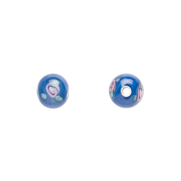 Bead, Czech lampworked glass, opaque blue / pink / green, 6-7mm round with flower design. Sold per pkg of 10. image number 0