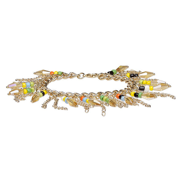 Bracelet, glass and gold-finished steel, multicolored, 45mm wide, 7 inches with 2-inch extender chain and lobster claw clasp. Sold individually. image number 0