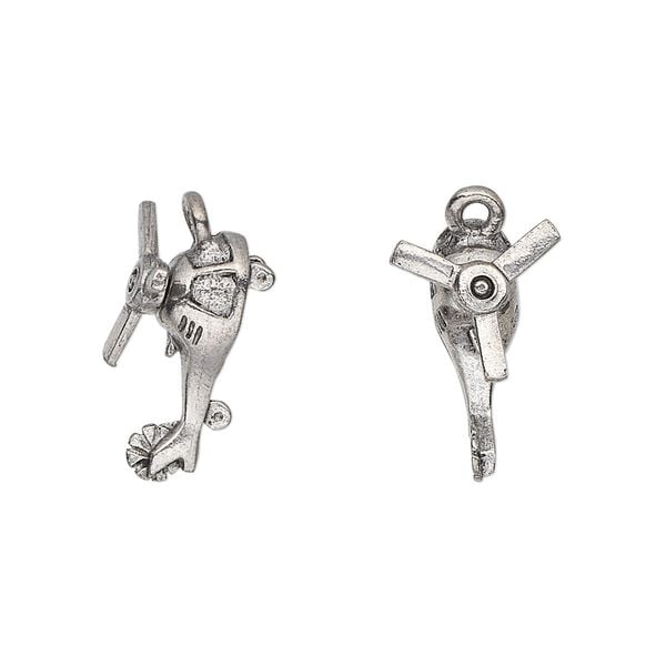 Charm, antiqued pewter (tin-based alloy), 18x8mm helicopter with moveable blades. Sold per pkg of 2. image number 0