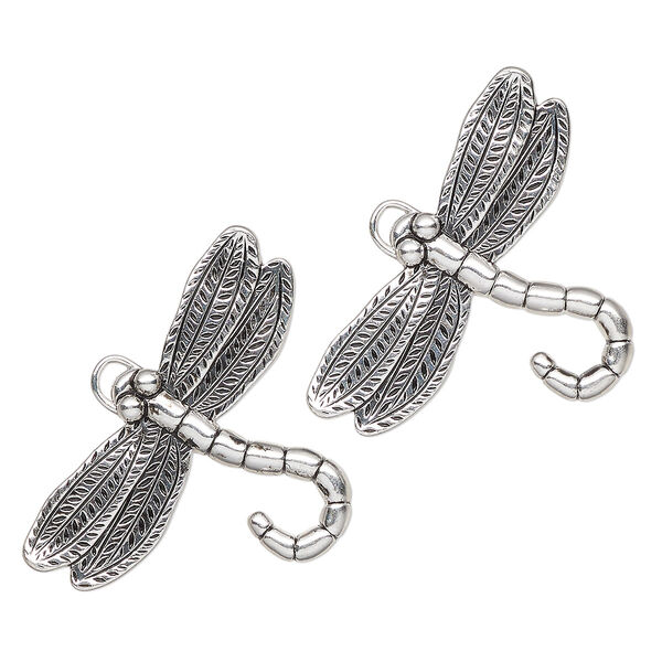 Focal, antique silver-finished "pewter" (zinc-based alloy), 39x26mm single-sided dragonfly. Sold per pkg of 2. image number 0