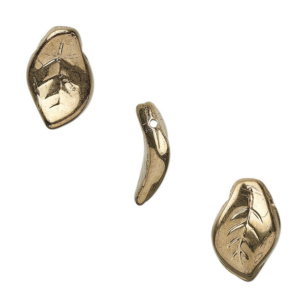 Bead, Czech pressed glass, light bronze, 14x9mm top-drilled leaf. Sold per 16-inch strand, approximately 60 beads. image number 0