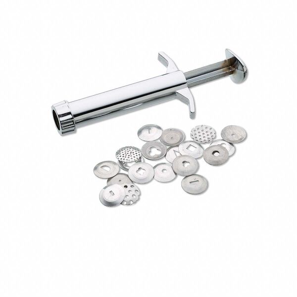Clay extruder, chrome-finished "pewter" (zinc-based alloy), 3-3/4 x 2-1/4 inches with (19) 16mm discs. Sold per 20-piece set. image number 0