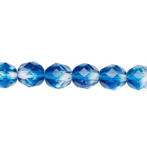 Bead, Czech fire-polished glass, two-tone, crystal/aqua, 8mm faceted round. Sold per 15-1/2" to 16" strand.