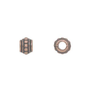 Bead, antique copper-plated "pewter" (zinc-based alloy), 8x6mm beaded barrel. Sold per pkg of 100.