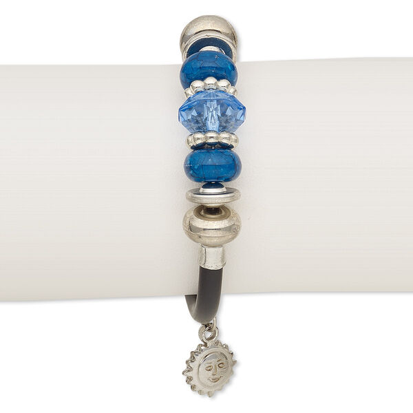Bracelet, wrap, resin / acrylic / imitation leather / silver-coated plastic / silver-plated steel, black and blue, 15mm wide, 7-1/2 inches. Sold individually. image number 0
