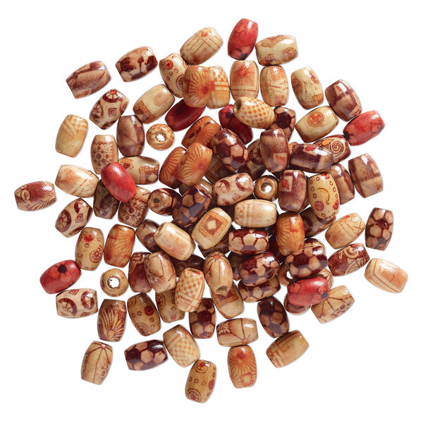 Bead mix, wood (coated), multicolored, 12x8mm hand-cut oval with painted pattern. Sold per pkg of 100. image number 1