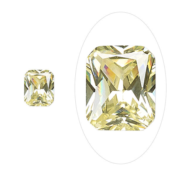 Gem, cubic zirconia, peridot green, 10x8mm faceted emerald-cut, Mohs hardness 8-1/2. Sold individually. image number 0