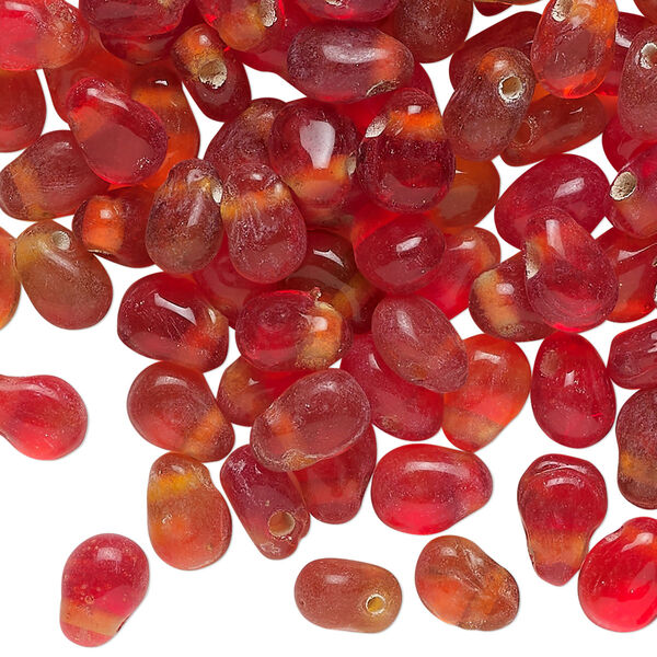 Bead, glass, translucent red-orange, 8x5mm-9x6mm top-drilled teardrop. Sold per 2-ounce pkg of approximately 200 beads. image number 0