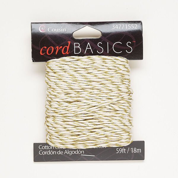 Cord, cotton, bright gold and off-white, 1mm twisted round. Sold per pkg of 18 meters. image number 0