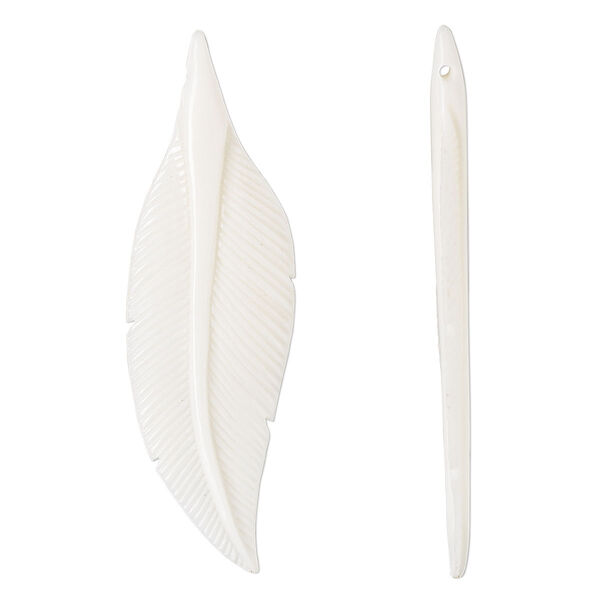Focal, bone (bleached), white, 66x19mm hand-carved side-drilled double-sided feather, Mohs hardness 2-1/2. Sold individually. image number 0