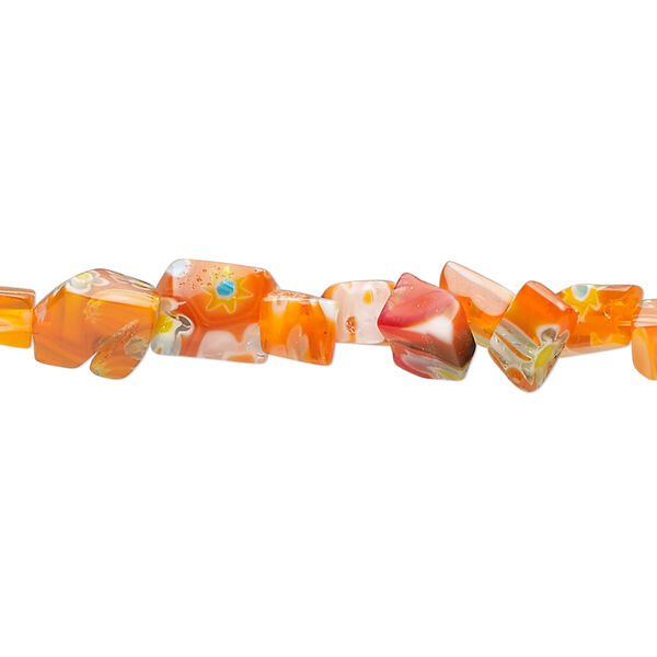 Bead, millefiori glass, translucent dark orange and multicolored, small chip. Sold per 33-inch strand. image number 0