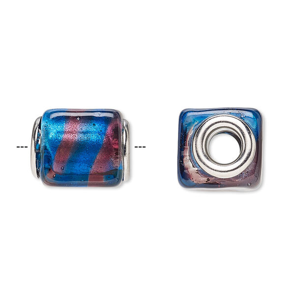 Bead, Dione®, lampworked glass and silver-plated brass grommets, translucent purple and aqua blue with silver-colored foil, 14x12mm cube with stripes, 5mm hole. Sold per pkg of 4. image number 0