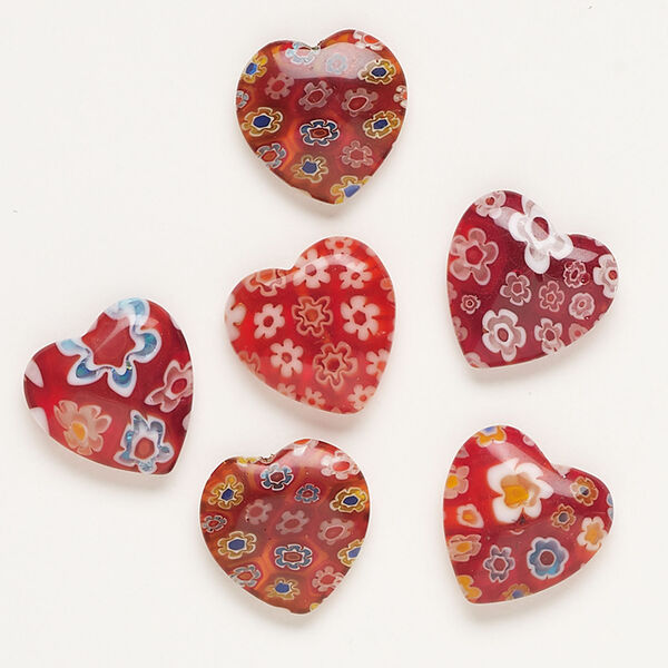 Bead, millefiori glass, translucent red and multicolored, 16-18mm half-drilled puffed heart. Sold per pkg of 6. image number 0