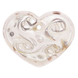 Focal, lampworked glass 1pkg1, transparent pink / dark purple / clear with copper-colored glitter and silver-colored foil, 47x37mm top-drilled single-sided flat heart.