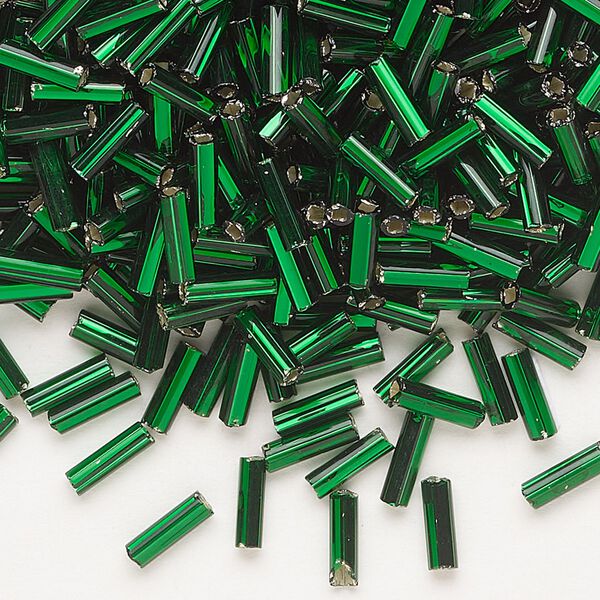 Bead, Preciosa Ornela Czech glass, bugle bead, pkg/500g, 1/4 inch, silver-lined transparent dark green, (57620). image number 0