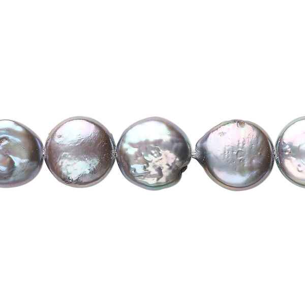 Pearl, cultured freshwater (dyed), silver peacock, 10-12mm flat round, C- grade, Mohs hardness 2-1/2 to 4. Sold per 8-inch strand, approximately 15 beads. image number 0