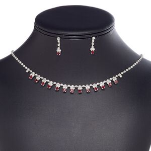 Necklace and earring set, glass rhinestone / plastic / imitation rhodium-plated brass / steel, dark red and clear, cupchain and round, 15" to 16" necklace with 3-inch extender chain and lobster claw clasp, 20mm earrings with post. Sold per set.