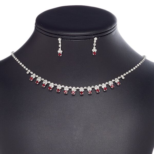 Necklace and earring set, glass rhinestone / plastic / imitation rhodium-plated brass / steel, dark red and clear, cupchain and round, 15" to 16" necklace with 3-inch extender chain and lobster claw clasp, 20mm earrings with post. Sold per set. image number 0