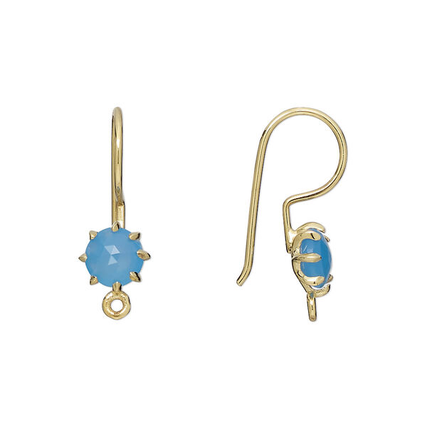 Ear wire, blue chalcedony (dyed) and gold-finished sterling silver, 22mm fishhook with 7.5mm hand-cut faceted round and closed loop, 19 gauge. Sold per pair. image number 0
