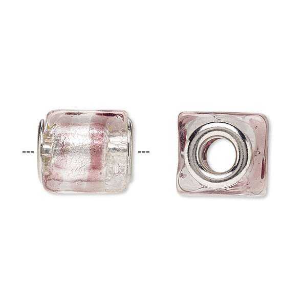 Bead, Dione®, lampworked glass and silver-plated brass grommets, translucent clear and purple with silver-colored foil, 14x12mm cube with stripe, 5mm hole. Sold per pkg of 4. image number 0