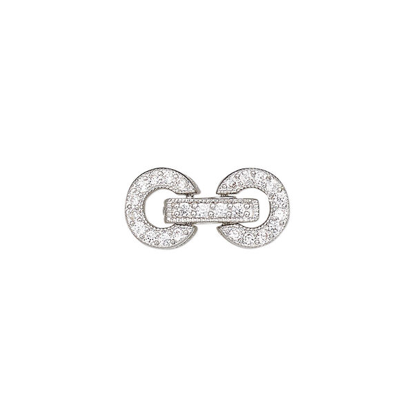 Clasp, fold-over, cubic zirconia and rhodium-plated brass, clear, 16x8.5mm double donut. Sold individually. image number 0