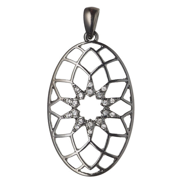 Pendant, gunmetal-finished "pewter" (zinc-based alloy) and glass, clear, 46x30mm oval. Sold individually. image number 0