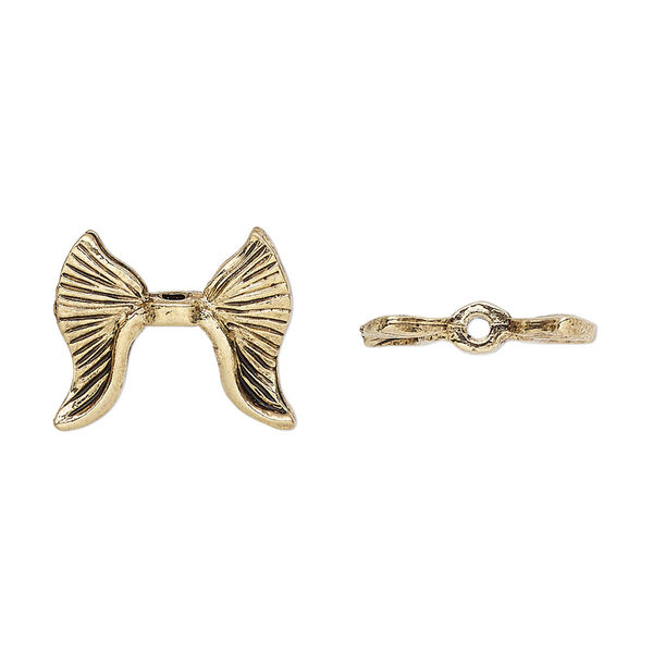 Bead, pewter (tin-based alloy), pkg/1, antique gold plate, 16x14mm textured wing, fits 5.5mm bead. image number 0