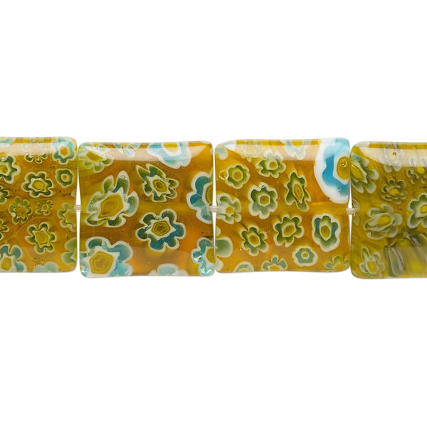 Bead, millefiori glass, translucent yellow / blue / white, 13mm-15x14mm puffed square with flower design. Sold per 14-inch strand. image number 0