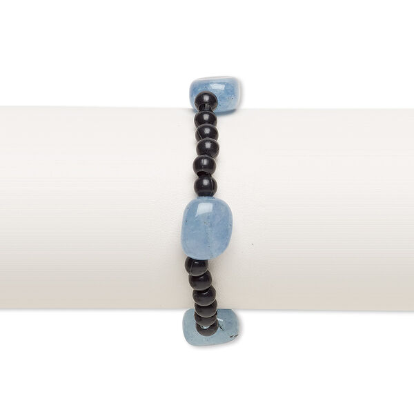 Bracelet, stretch, quartz (dyed) and acrylic, black and blue, 5mm round and small to medium tumbled nugget, 7 inches. Sold individually. image number 0