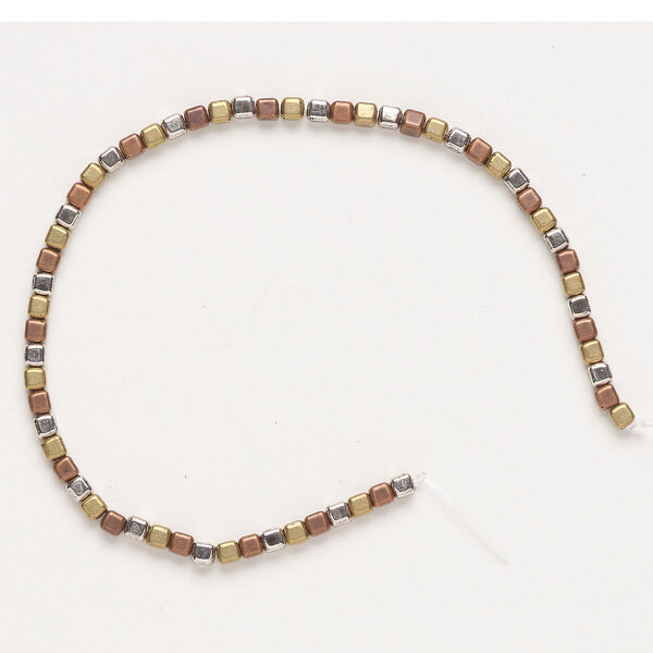 Bead, silver- and gold-finished plastic, 3-4mm cube. Sold per 8-inch strand, approximately 65 beads. image number 0