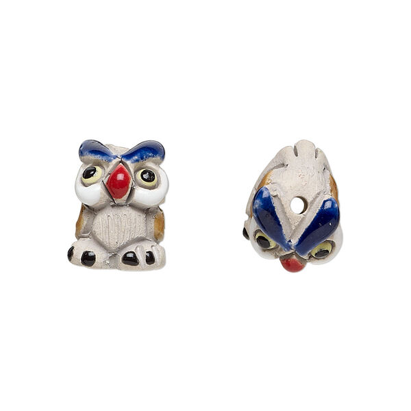 Bead, glazed ceramic, white / blue / multicolored, 15x10mm hand-painted owl. Sold per pkg of 2. image number 0