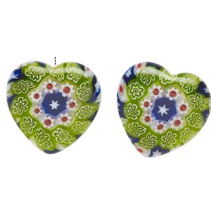 Bead, millefiori glass, translucent mixed colors, 19mm half-drilled puffed heart with star and flower design, 0.6-0.8mm hole. Sold per pkg of 2.