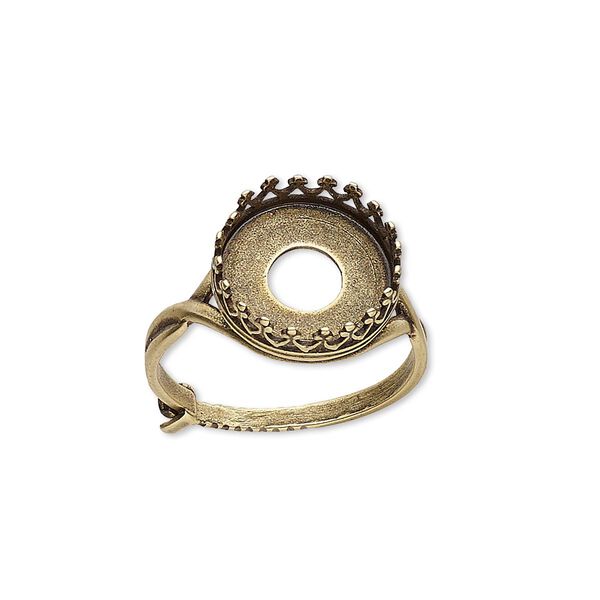 Ring, JBB Findings, antiqued brass, 13.5mm round with 12mm round bezel setting, adjustable from size 6-8. Sold individually. image number 0