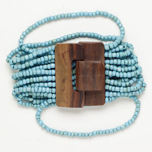 Bracelet 1pkg1, stretch 16-strand, elastic / glass / wood, baby blue and brown, 2 inches wide, 6 inches with hook-and-eye clasp.
