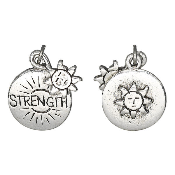 Charm, antique silver-plated pewter (tin-based alloy), 10mm double-sided flat round sun and 16.5mm two-sided flat round with "STRENGTH" and raised sun design. Sold individually. image number 0