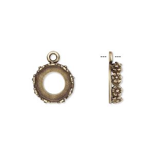 Drop, JBB Findings, antiqued brass, 12mm round with open back and flower design trim, 10mm round bezel setting. Sold per pkg of 2.