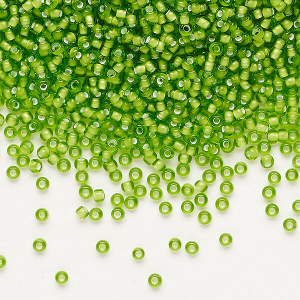Seed bead, Preciosa Ornela, glass, transparent chalkwhite-lined lime green, #11 rocaille. Sold per 50-gram pkg. image number 0